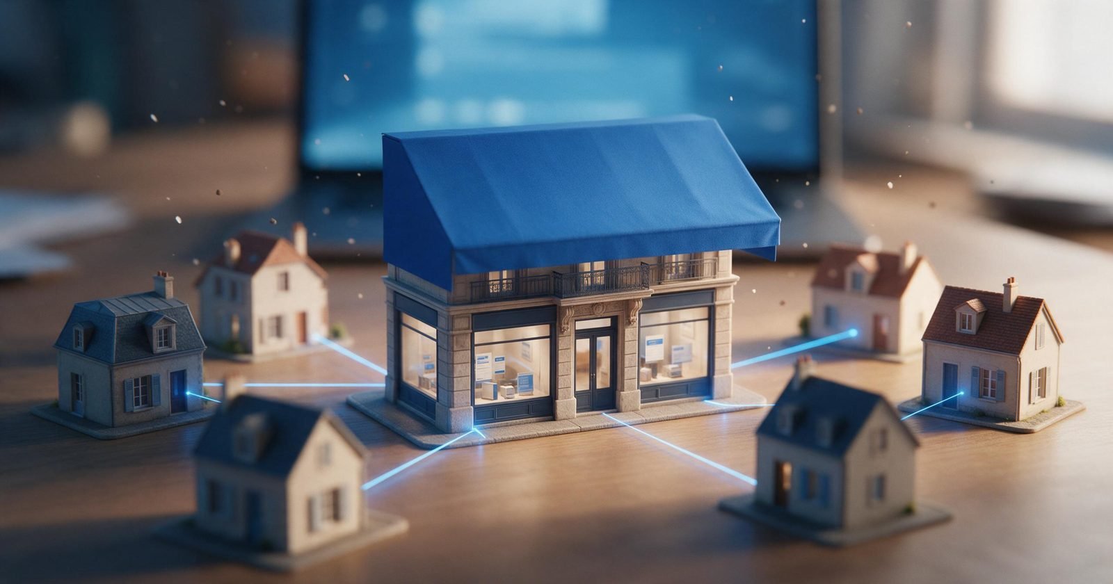 Vitrine miniature d'agence d'assurance au store bleu, reliée par des fils de lumière à des maisons miniatures