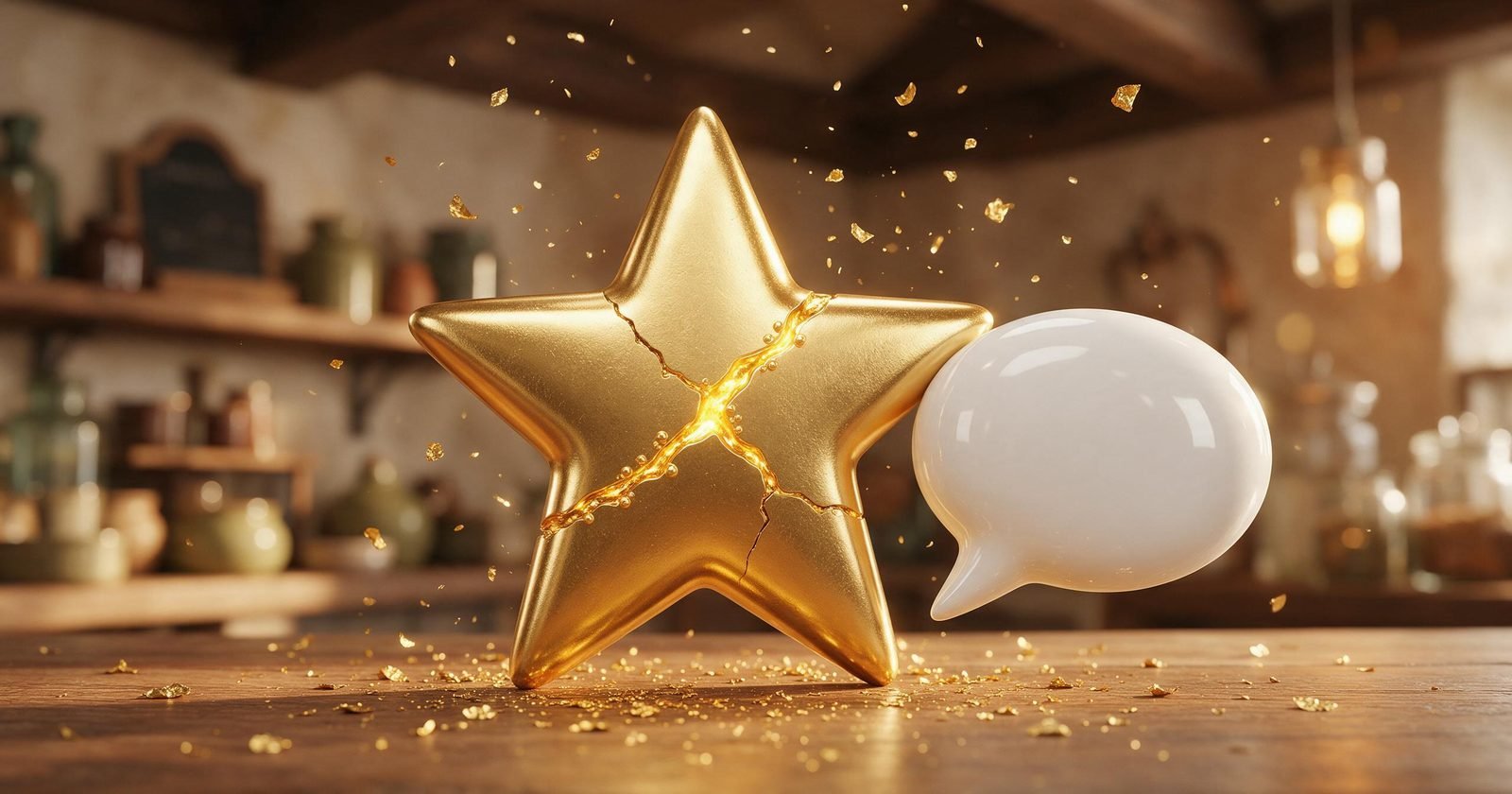 Étoile dorée fissurée réparée à l'or, posée à côté d'une bulle de dialogue blanche sur un comptoir de commerce